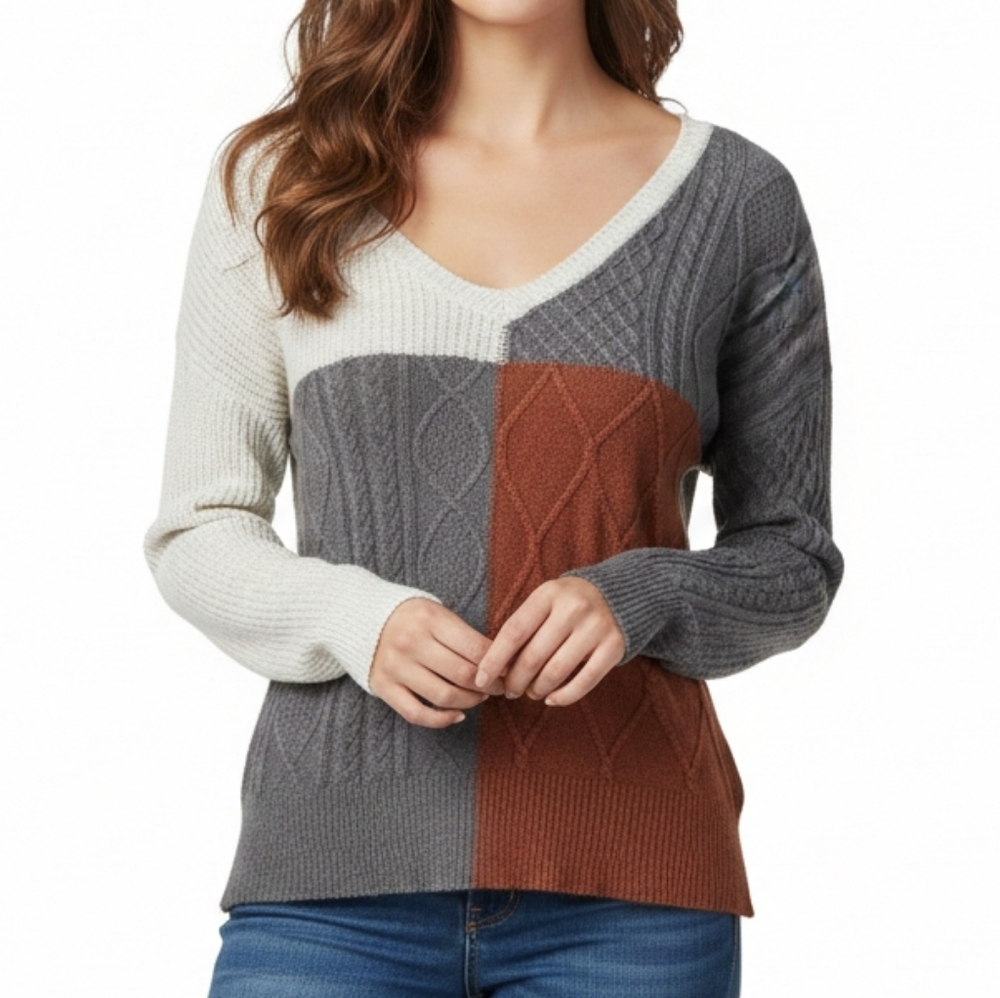 E&M Boutique Colorblock V-Neck Cable‎ Knit Sweater Women's Large